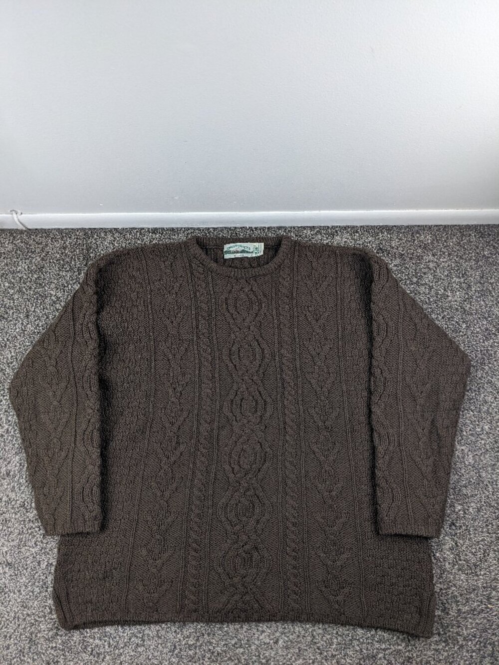 Aran Crafts Sweater Wool Fisherman Cable Knit Crewneck Pullover Brown Mens XL